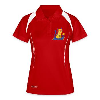 Bunte Katze auf Teppich in einer Blütenwiese - Frauen Polo atmungsaktiv - Weiß/Navy - Vorne