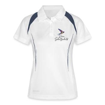 Dein Schutzschild – bunter Geometrie-Vogel - Frauen Polo atmungsaktiv - Weiß/Navy - Vorne