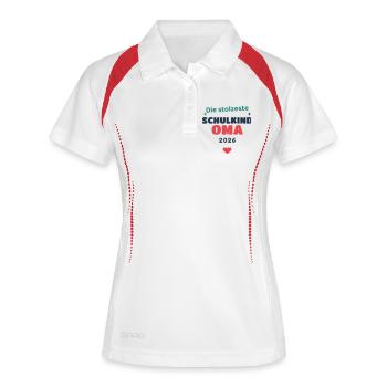 Einschulung 2026 Oma - Schulkind Geschenk Schule - Frauen Polo atmungsaktiv - Weiß/Navy - Vorne