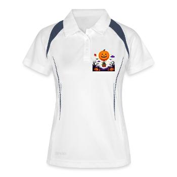 Kürbisballon-Katzen-Halloween-Szene - Frauen Polo atmungsaktiv - Weiß/Navy - Vorne