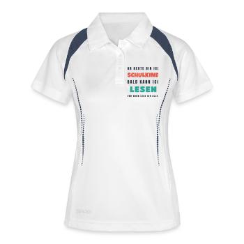 Schulkind 2026 Bald kann ich lesen - Einschulung - Frauen Polo atmungsaktiv - Weiß/Navy - Vorne