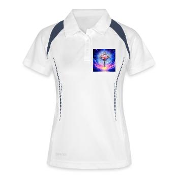 Blüten-Lotuskreuz am Sternenhimmel - Frauen Polo atmungsaktiv - Weiß/Navy - Vorne