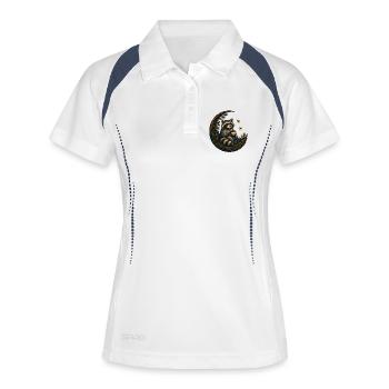 Mondwald Waschbär mit Teetasse - Frauen Polo atmungsaktiv - Weiß/Navy - Vorne