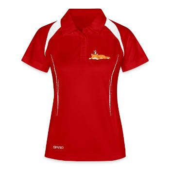 Schlafende Katze mit fröhlicher Maus  - Frauen Polo atmungsaktiv - Weiß/Navy - Vorne