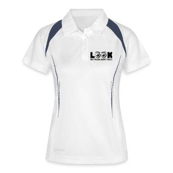 Look But Please Don’t Touch – Lustiges Augen-Desi - Frauen Polo atmungsaktiv - Weiß/Navy - Vorne