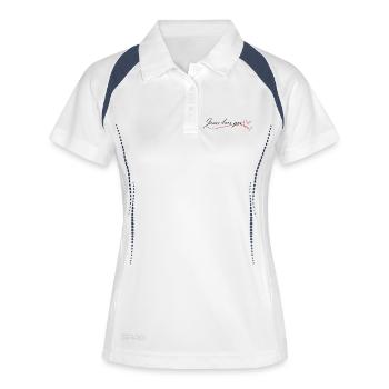 Jesus Liebt dich – Herzlinie - Frauen Polo atmungsaktiv - Weiß/Navy - Vorne
