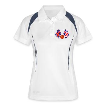 Zwei gekreuzte Großbritannien-Flaggen, Basketball - Frauen Polo atmungsaktiv - Weiß/Navy - Vorne