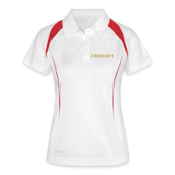Graphisme Freedom Gold : Faute de frappe en gras - Polo respirant Femme - blanc/marine - Devant