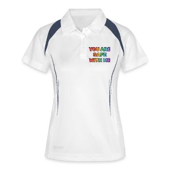 Du bist bei mir sicher, Regenbogen - Frauen Polo atmungsaktiv - Weiß/Navy - Vorne