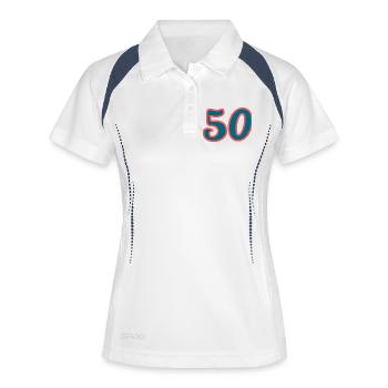 50. 50 JAHRE. 50-JÄHRIGES JUBILÄUM. 50-JÄHRIGES JUBILÄUM. - Frauen Polo atmungsaktiv - Weiß/Navy - Vorne
