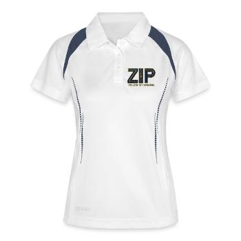 ZIP – Umarme alles | Ein Wortspiel mit einem Schloss - Frauen Polo atmungsaktiv - Weiß/Navy - Vorne