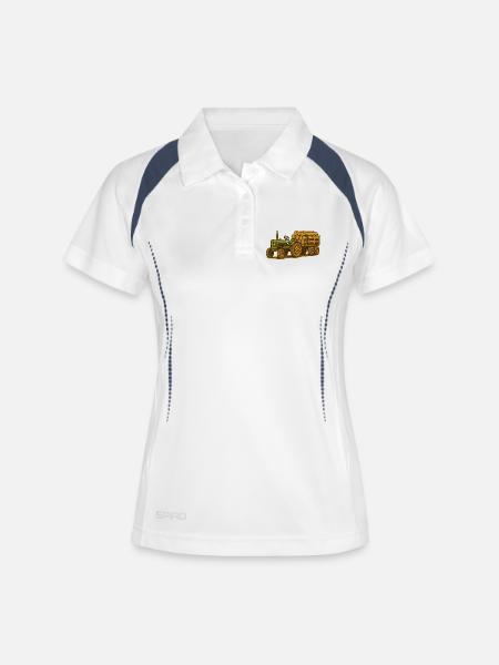 Tracteur vert avec plateau en bois - Polo respirant Femme - blanc/marine