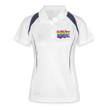 Regenbogen Liebe Schriftzug Love is for everyone - Frauen Polo atmungsaktiv - Weiß/Navy - Vorne