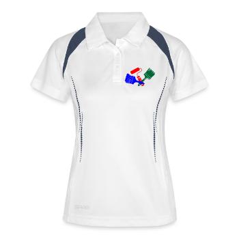 Pinceaux et rouleau de peinture en bleu rouge vert logo - Polo respirant Femme - blanc/marine - Devant