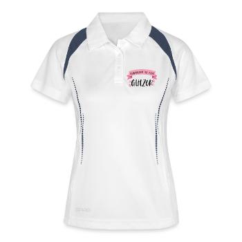 Pferd Reiten Glitzer Pferdehaar Pferde Geschenk - Frauen Polo atmungsaktiv - Weiß/Navy - Vorne