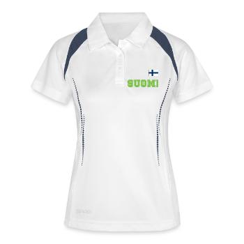 FINNLAND - SUOMI Trikot Look - Flagge auf Brust - Frauen Polo atmungsaktiv - Weiß/Navy - Vorne