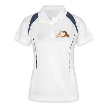 Farbiges Herzhände-Motiv – personalisierbar - Frauen Polo atmungsaktiv - Weiß/Navy - Vorne