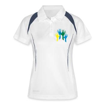 Viele Hände als Zeichen für ein Team - Frauen Polo atmungsaktiv - Weiß/Navy - Vorne