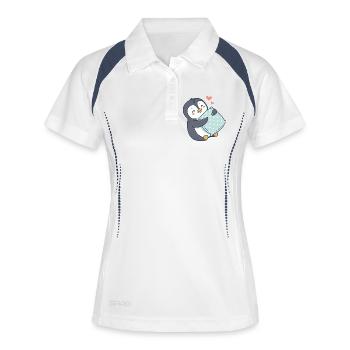 Kuscheliger Pinguin und Polka Dot Kissen - Frauen Polo atmungsaktiv - Weiß/Navy - Vorne