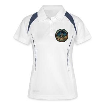 Solo-, aber niemals einsames Bikepacking-Patch - Frauen Polo atmungsaktiv - Weiß/Navy - Vorne