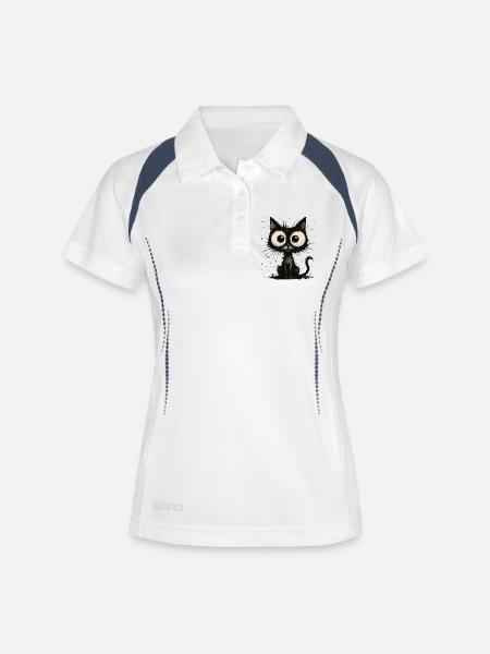 Drôle de chat noir avec de grands yeux – splash - Polo respirant Femme - blanc/marine