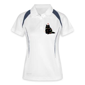 Weihnachtskatze mit Lichterketten - Frauen Polo atmungsaktiv - Weiß/Navy - Vorne