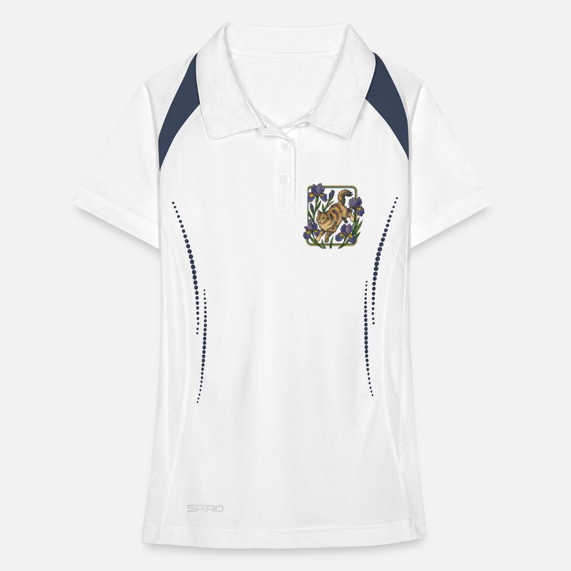 Elegante Katze unter Irisblumen Frauen Polo atmungsaktiv