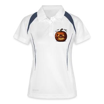 Grusel Kürbis mit Fledermäusen Halloween Shirt - Frauen Polo atmungsaktiv - Weiß/Navy - Vorne