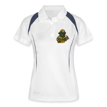 Bulldogge Bergmann in gelber Sicherheitsausrüstung - Frauen Polo atmungsaktiv - Weiß/Navy - Vorne