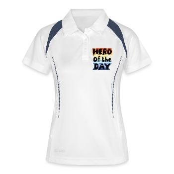 "Hero of the day" Held Alltags Spruch cool positiv - Frauen Polo atmungsaktiv - Weiß/Navy - Vorne