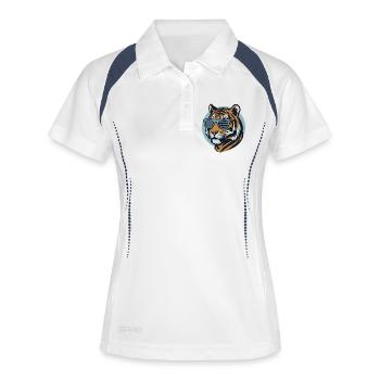 Tiger mit Sonnenbrille – Retro Pop-Style - Frauen Polo atmungsaktiv - Weiß/Navy - Vorne