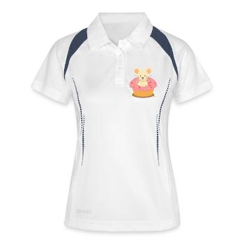 Maus sitzt in einem pinken Cupcake mit Streuseln - Frauen Polo atmungsaktiv - Weiß/Navy - Vorne