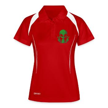 Pixel grünes Alien-Friedenszeichen - Frauen Polo atmungsaktiv - Weiß/Navy - Vorne
