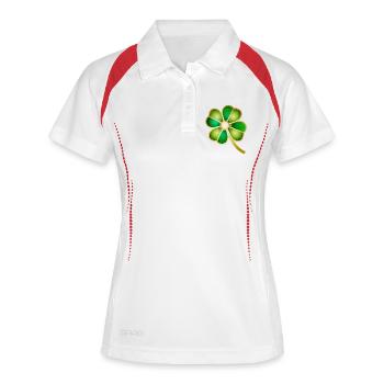 Glücksklee Motiv mit goldenem Glanz - Frauen Polo atmungsaktiv - Weiß/Navy - Vorne