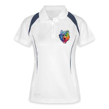 Wolfs Gesicht bunt Aquarell Wolfskopf - Frauen Polo atmungsaktiv - Weiß/Navy - Vorne