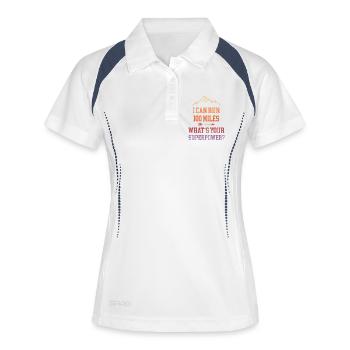 Ich kann 100 Meilen laufen. Was ist deine Superkraft? - Frauen Polo atmungsaktiv - Weiß/Navy - Vorne