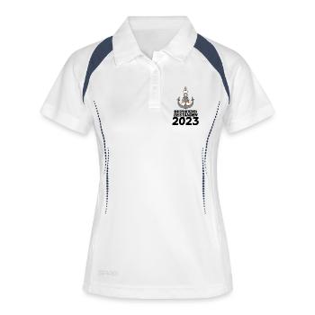 Bootsführerschein 2023 Motorboot Geschenk - Frauen Polo atmungsaktiv - Weiß/Navy - Vorne
