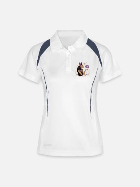 Bastet serein tenant une fleur de lotus - Polo respirant Femme - blanc/marine
