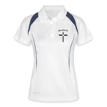 Gott liebt dich, Gott liebt dich und ist immer bei dir - Frauen Polo atmungsaktiv - Weiß/Navy - Vorne