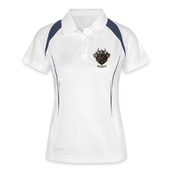 W20 mit Äxten & Hörnerhelm – Barbar Fantasy Dice - Frauen Polo atmungsaktiv - Weiß/Navy - Vorne