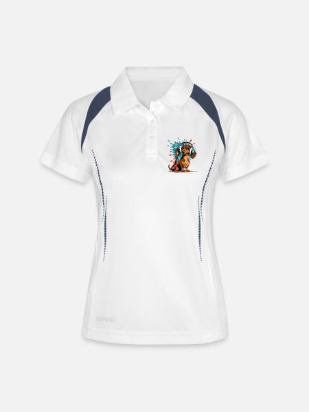Teckel de musique d’hiver avec casque - Polo respirant Femme - blanc/marine