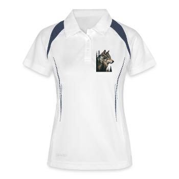 Waldwolf Portrait mit Bergen - Frauen Polo atmungsaktiv - Weiß/Navy - Vorne