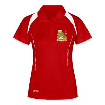 Kochender Frosch – Cozy Kitchen Frog - Frauen Polo atmungsaktiv - Rot/Weiß - Vorne