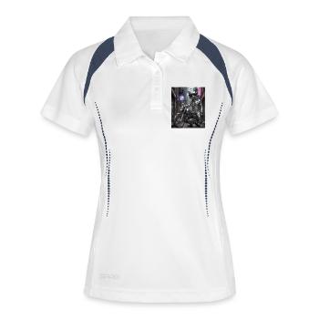 Metallisches Silber-Katzen-Motorrad-Statuenbild - Frauen Polo atmungsaktiv - Weiß/Navy - Vorne