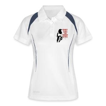 Elster und Lügen: Gierige Augen - Frauen Polo atmungsaktiv - Weiß/Navy - Vorne