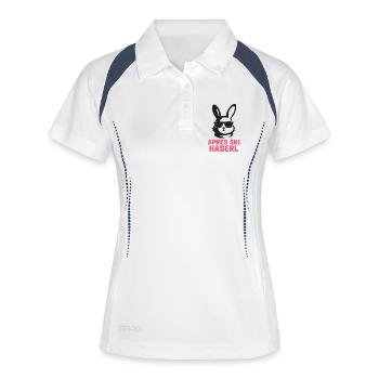 Après Ski Haserl Winterurlaub Hütte Party - Frauen Polo atmungsaktiv - Weiß/Navy - Vorne