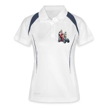 Pinup-Diva auf Mobilitätsroller und Hund - Frauen Polo atmungsaktiv - Weiß/Navy - Vorne