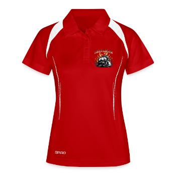 Feuerwehrhelm mit Flammen für Feuerwehrheld - Frauen Polo atmungsaktiv - Rot/Weiß - Vorne