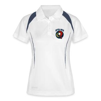 Dreh dich zum Sieg – Tischtennis - Frauen Polo atmungsaktiv - Weiß/Navy - Vorne