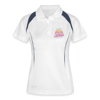 Schlager Party Crew Mallorca Flamingo JGA Malle - Frauen Polo atmungsaktiv - Weiß/Navy - Vorne
